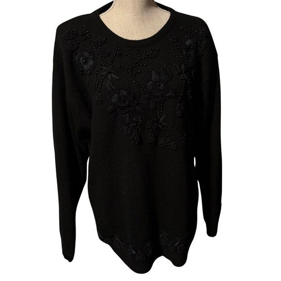 Vintage Paola Conte Beaded Angora Wool Sweater Black Floral Embellished – Size M - Picture 2 of 9